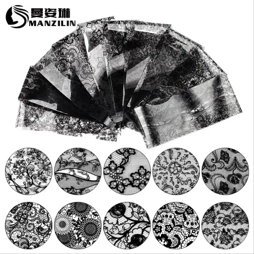 10 Pcs Black Lace Nail Foils Set 4*20cm Flower Star Heart Starry Cut in Pieces Manicure Nail Art Transfer Sticker T1621