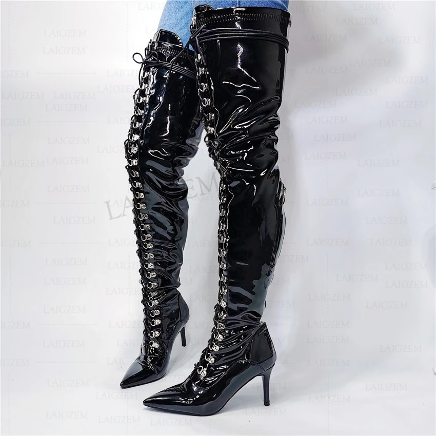 BERZIMER Women Thigh High Heels Boots Shiny Back Zip 7.5CM Heels Boots Over Knee Wide Calf Friendly Shoes Woman Size 38 41 43 47