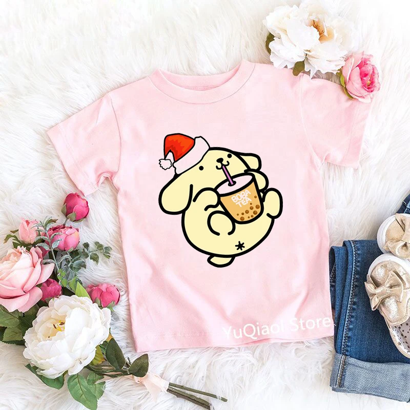 Cute Pompompurin/Panda/Cat/Duck Love Boba Funny Cartoon Print Tshirt Baby Kids Girl T-Shirt Summer Children Pink T Shirt Top Tee