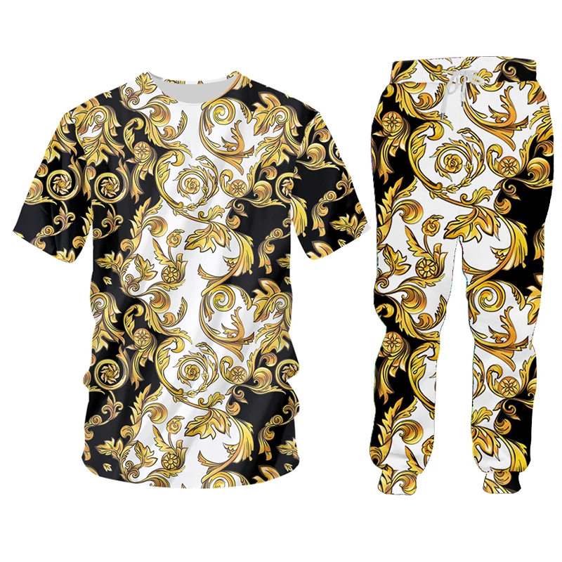 Luxury Golden Pattern Autumn Winter Long-sleeved T-shirt Men 3D Casual T-shirt Trousers 2 Piece Clothes Suit Tracksuit Sweatpant
