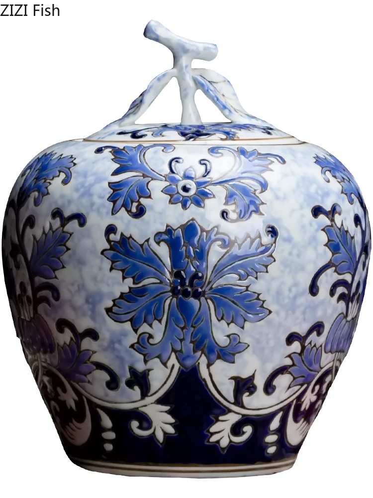 Chinese Style Storage Tank Blue and White Porcelain Retro with Cover Decoration Crafts Vase Tea Caddy Decorative Bottles Tiny