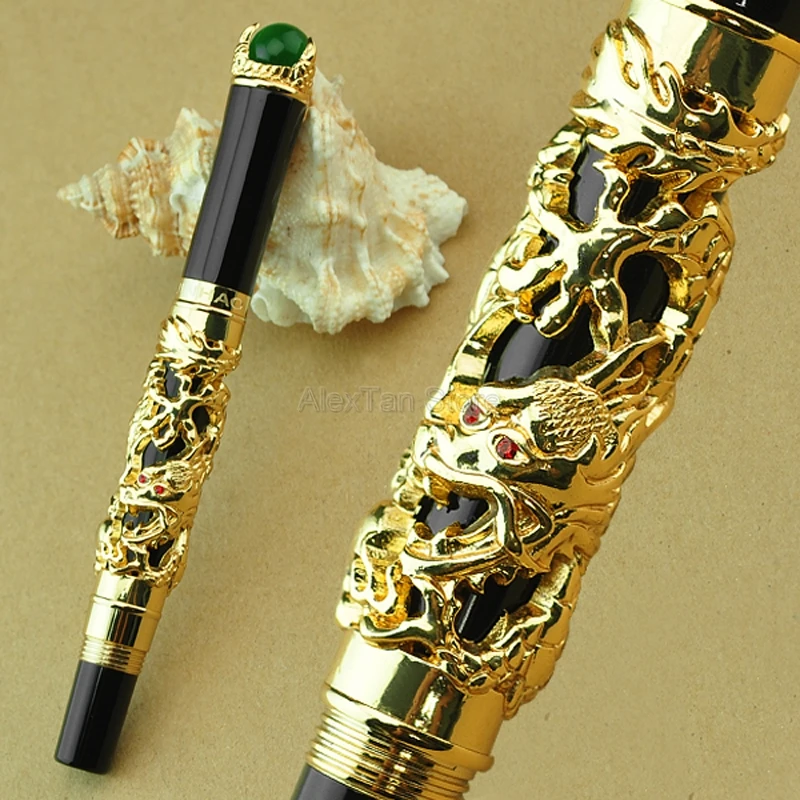 Jinhao Practical Dragon King 18KGP M Nib Fountain Pen, Metal Embossing Green Jewelry on Top, Golden Drawing Pen Professional