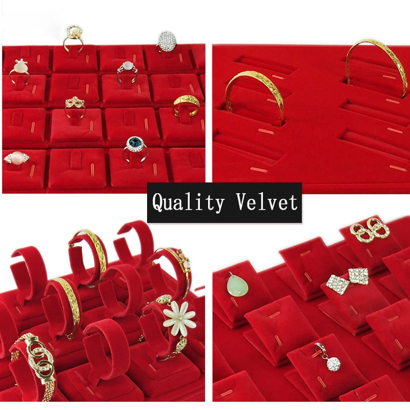 Red Velvet Ring Jewelry Display Tray Holder Stud Bracelet Earring Pendant Necklace Watch Jewelry Storage Organizer Showcase Tray