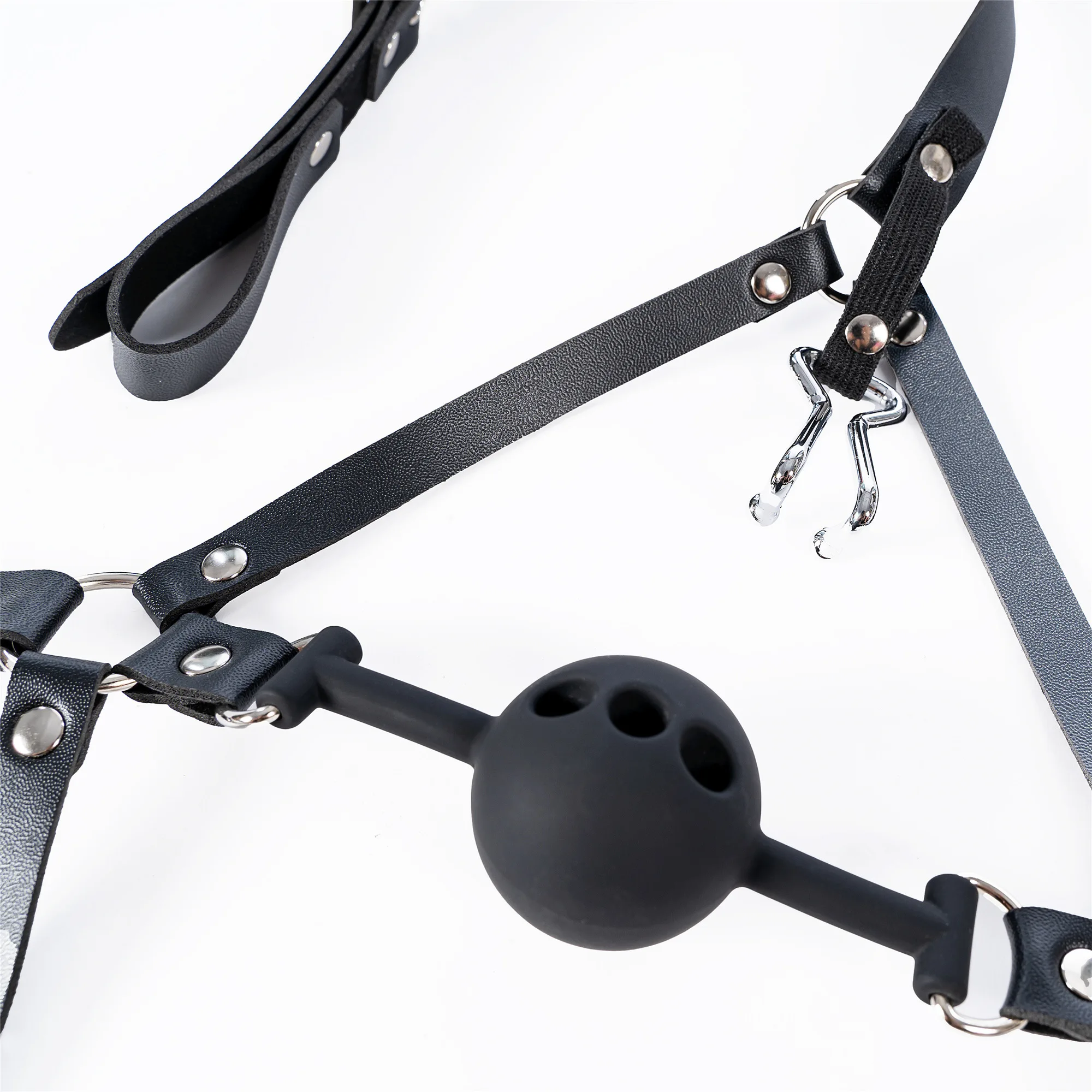 Bdsm Slave Metal Nose Hook Fetish Open Mouth Ball Gag With Nose Clip Sex Toys,SM Leather Head Bondage Hood Breathable Hole Mask