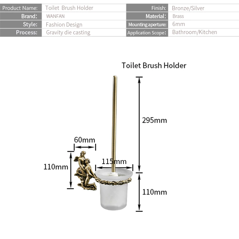 Romantic Toilet Brush Holder, Gold/Silver Toilet Bowl Brush Set with Glass Cup Brass Handel Replaceable Brush Head MB-0811B view 5