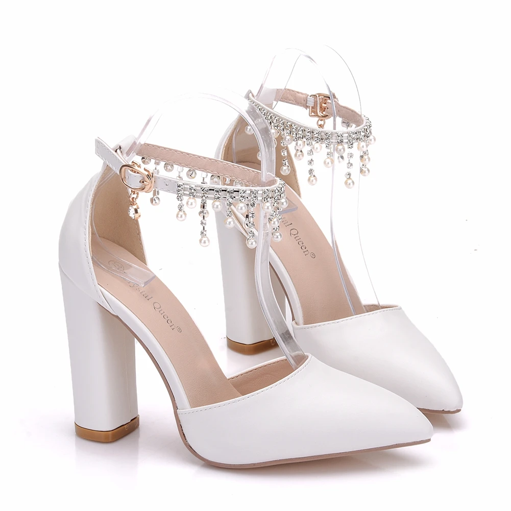 Crystal Queen Buckle Strap Woman Wedding Shoes Heels Sandals Pearl Rhinestone Ladies Sexy White Platform Pumps