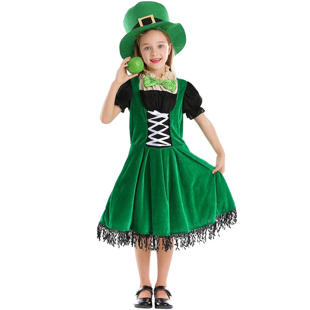 

Girl Western Europeans Ireland St. Patrick's Day Costume Kid Children Magician Green Goblin Dwarfs Cosplay Role Play Party Dress