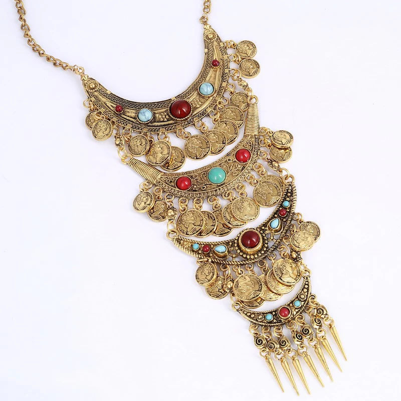 Fashion Colorful Boho Vintage Collares Maxi Statement Necklace Collier Femme Long Bohemian Coin Tassel Mutli-Layer Necklace