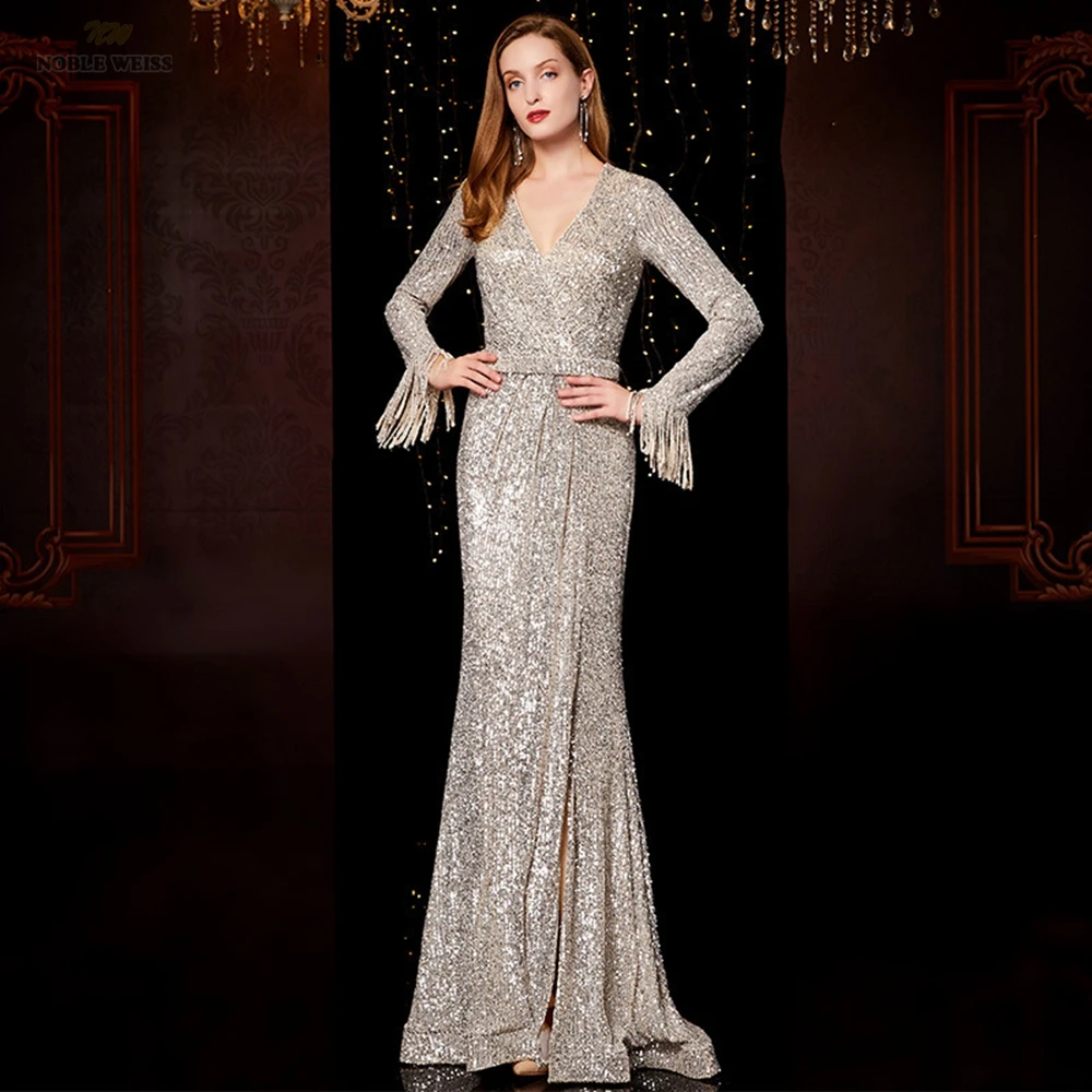 Robe de Soirée à Col en V pour Femme, Tenue de Bal de Forme Sirène à Paillettes, Longueur au Sol, Personnalisée