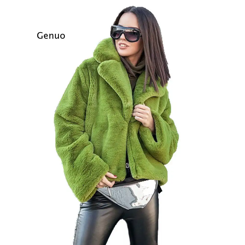 2021 New Winter Women\'s Jacket Faux Rabbit Fur Coat Turn Down Collar Fashion Thick Warm Rabbit Fur Coats Furry Cropped Jacket