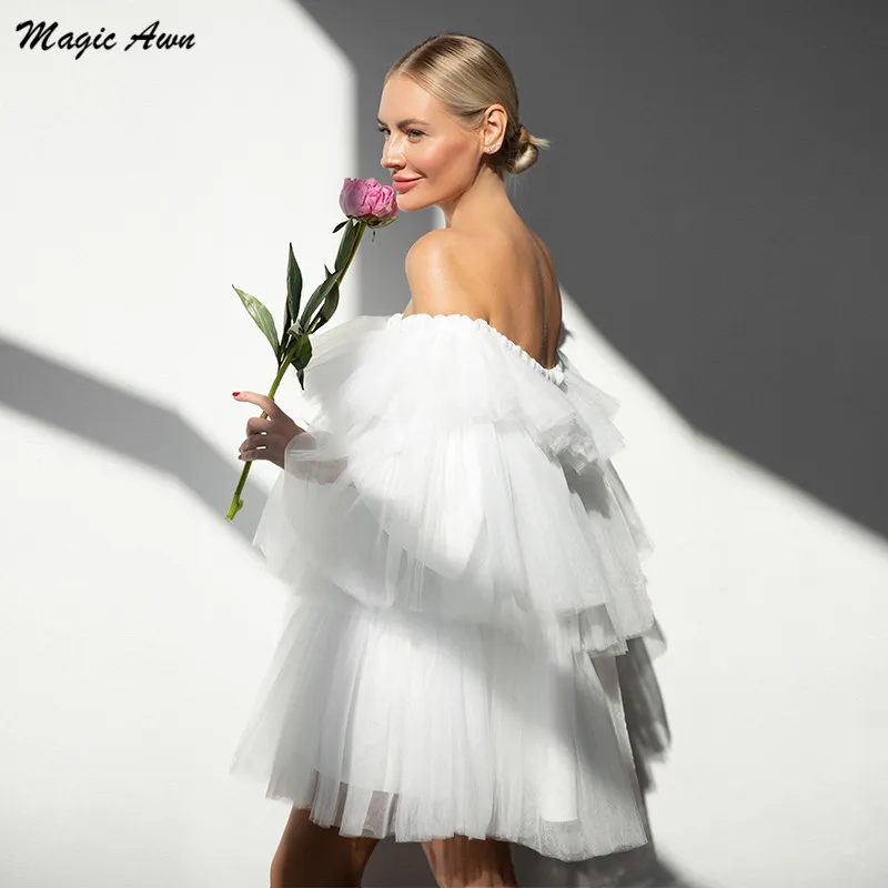 Magie Granne Weiß Kurze Brautkleider Boho Weg Von Der Schulter Tiered Puffy Strand Hochzeit Party Kleider Einfache Braut Kleid Für frauen