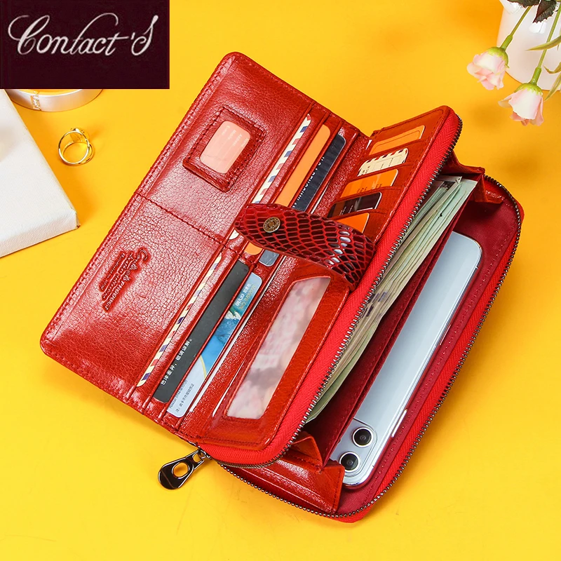 

CONTACT'S Snakeskin Leather Wallet Women Zipper Clutch Coin Purse Phone Bag Red RFID Blocking Wallets Wristlet Handbags