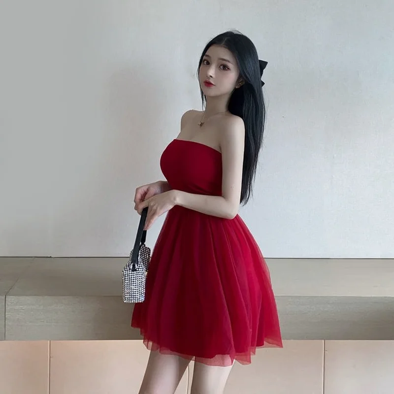 Dress Women Mini Ball Gown Solid Color Elegant Elasticity Female Party All-match Princess Strapless Girls Mesh Sexy Sundress Ins