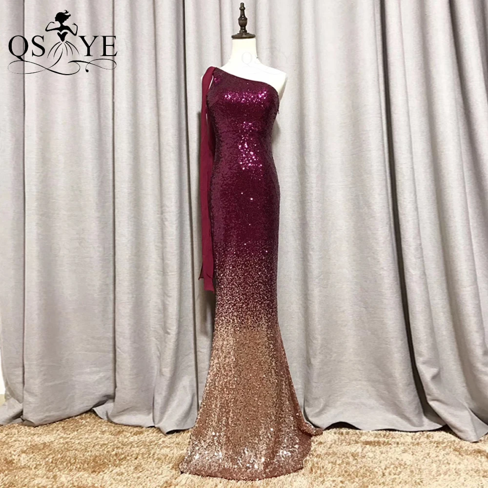 

QSYYE Burgundy Evening Dress Mermaid One Shoulder Prom Gown Glitter Sexy Fading Golden Party Dress Ribbon Sequin Formal Dress