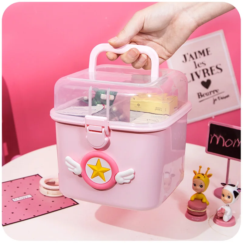 Cute Cartoon Plastic Small Medicine Box Family Spare Medical Storage Boxes Multi Layer Makeup Nail Art Mask Large Storage Box