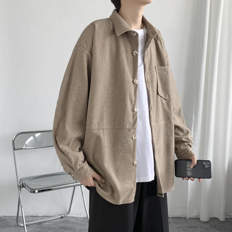 Spring and Autumn Thick Woolen Shirt, Men\'s Casual Loose Korean Style Jacket, Trendy Long-sleeved Buttoned Plus Size Top Fashion