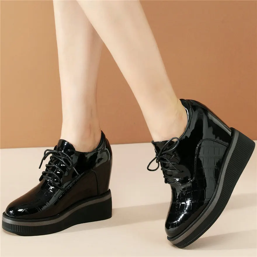 2021 Fashion Sneakers Women Lace Up Cow Leather Wedges High Heel Ankle Boots Female Round Toe Platform Pumps Shoes Casual Shoes