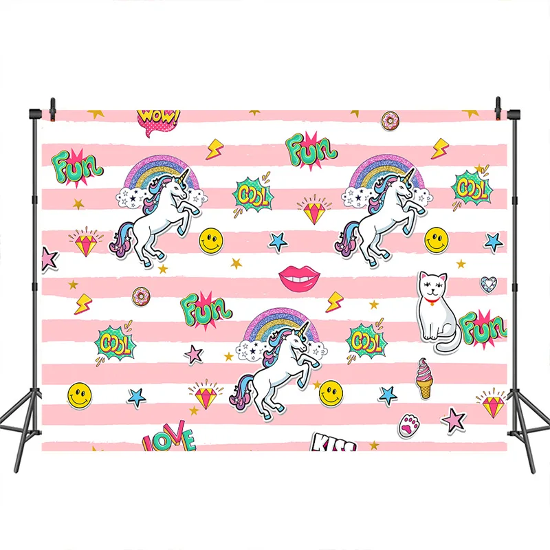 

Unicorn Birthday Party Photography Backdrop Step and Repeat Pink Stripe Background Birthday Dessert Table Banner Photo Decor