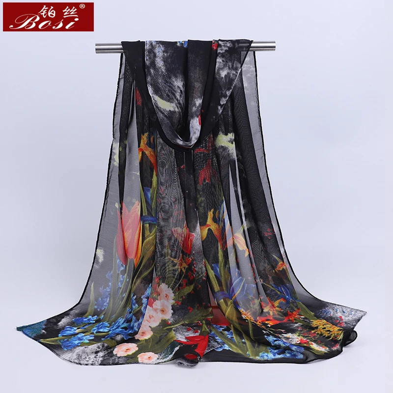 Lenço Chiffon para mulheres, lenços de seda finos, lenço de flor azul, hijab, atacado, primavera e verão, novo