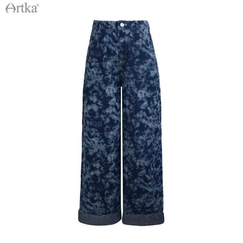 ARTKA 2021 lato nowy kobiety Jeans moda w stylu Vintage Tie dye Denim spodnie wysokiej talii luźne drapowania dżinsy z szeroką nogawką KN22019X