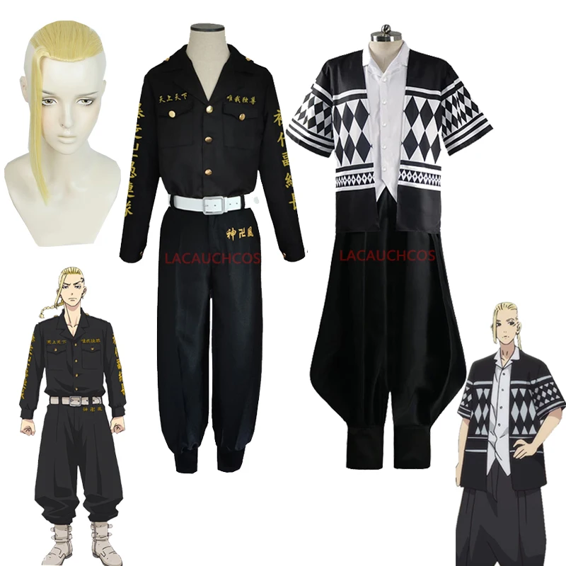 

Tokyo Revengers Cosplay Black Top Pants Printing Uniform Wig Anime tokyo avengers Cosplay Costume Halloween Outfit For Women Men