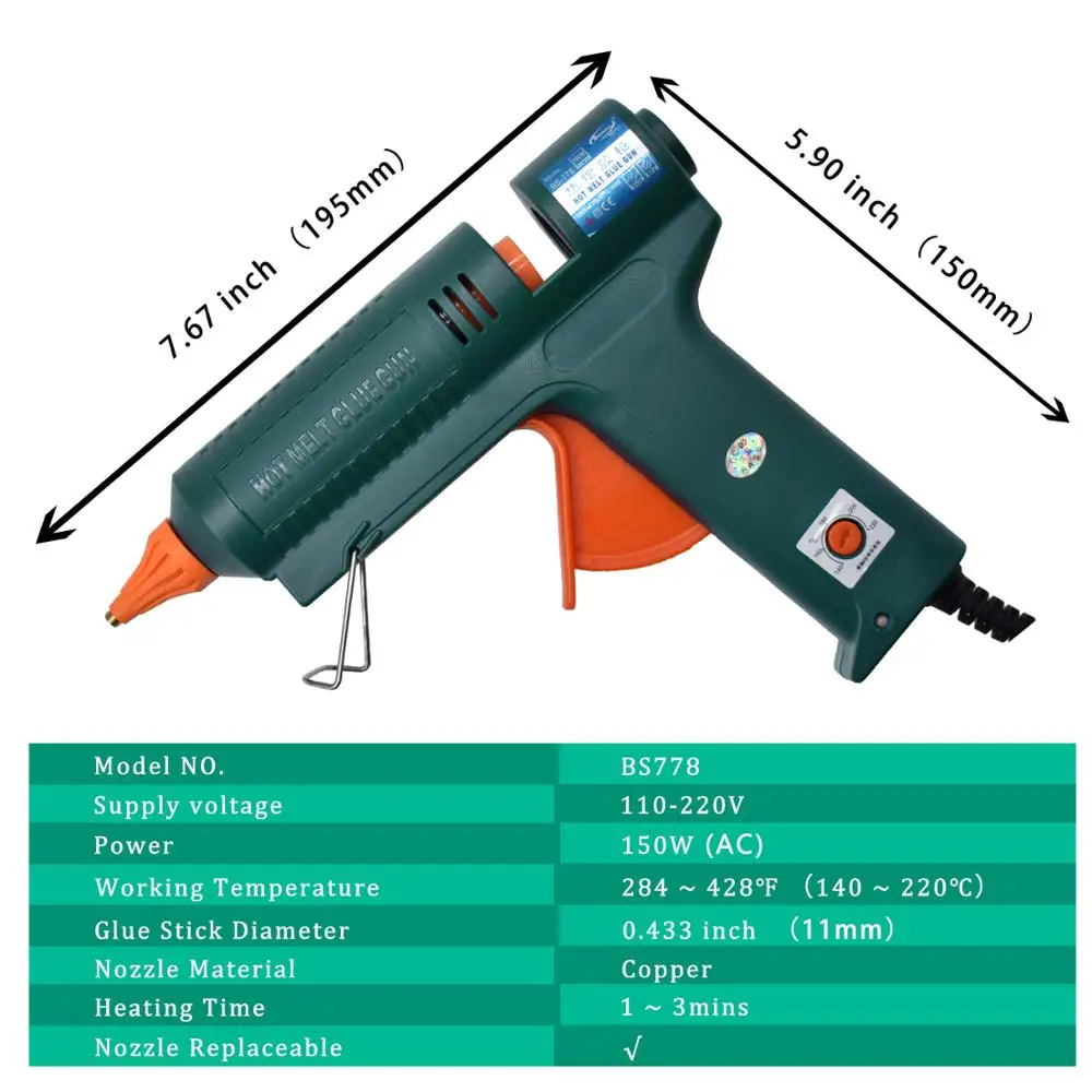 150W Hot Melt Glue Gun (SET-A Single) Leakproof Copper Nozzle Temperature Adjustable Use 11mm Glue Stick for DIY Home Gun Tool