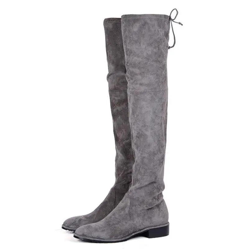 2021 Winter Long Boots Women Round Toe Low Heel Fashionable Sexy Over The Knee Stretch Boots Gray Suede Lace-up Shoes Woman Bota