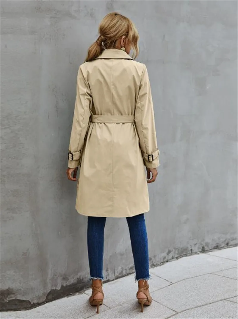 Fashion Women Trench Casual Solid Color Coat Adult Elagant Fashion Long Sleeve Lapel Neck Double Breasted Belted Coat For Female