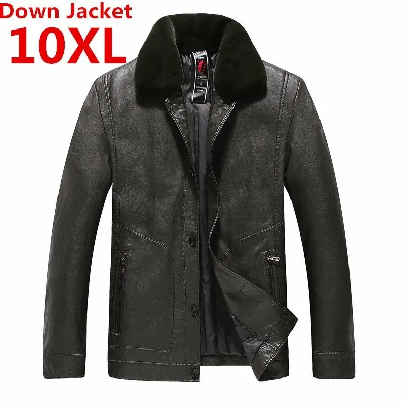 

luxury plus new 10XL Winter leather Men's down jacket Windproof warm coat rabbit fur collar Solid color