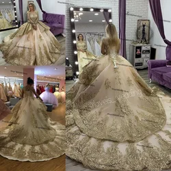 Luxury Gold Princess Wedding Dresses with Long Sleeve Full Lace Applique Cathedral Train Long Sleeve Lace-up Aso Ebi Bridal Gown