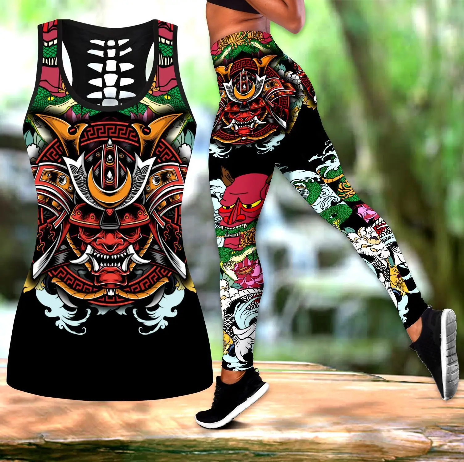 Leggings da donna Moda Stampa digitale 3D Samurai Tattoo Leggings e canotta Leggings skinny femminili elastici sexy DDK9