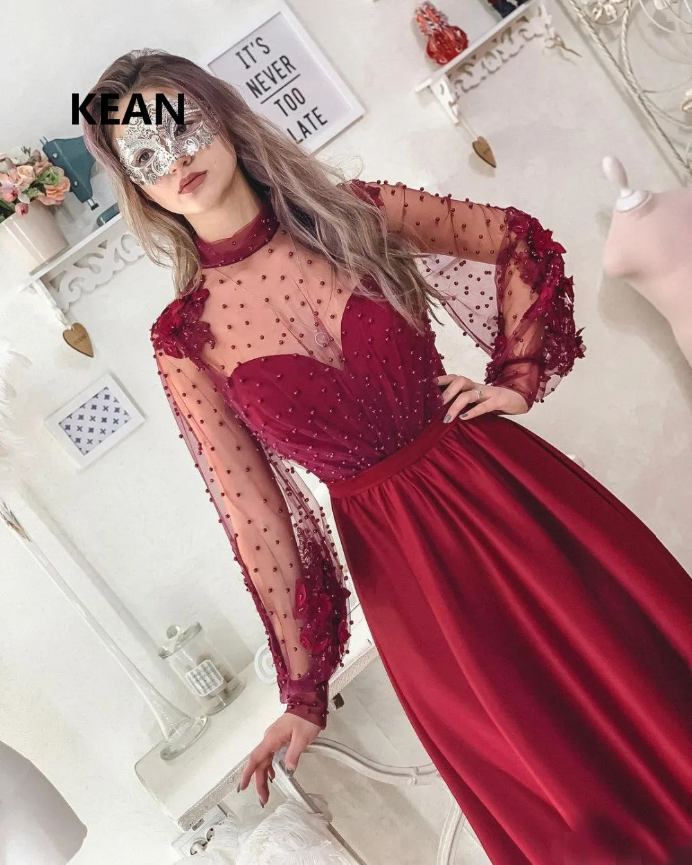 Vestidos de Noche Borgoña manga larga cuello alto espalda descubierta tul con perlas Islámico de Dubai Kaftan saudí vestidos de noche árabe vestido de Graduación