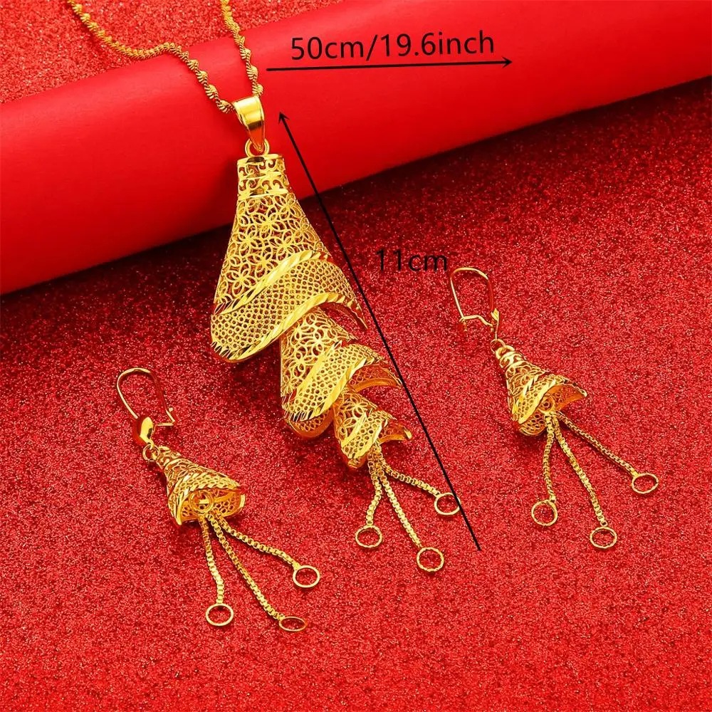 Ethiopian African Gold Color Pendant Necklaces Earrings Women Fulani Wedding Party Jewelry Set