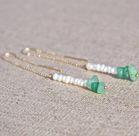 Threader earrings  Tiny seed pearl green jade thread earring Asian style long chain earrings