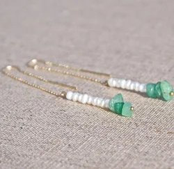 Threader earrings Tiny seed pearl green jade thread earring Asian style long chain earrings