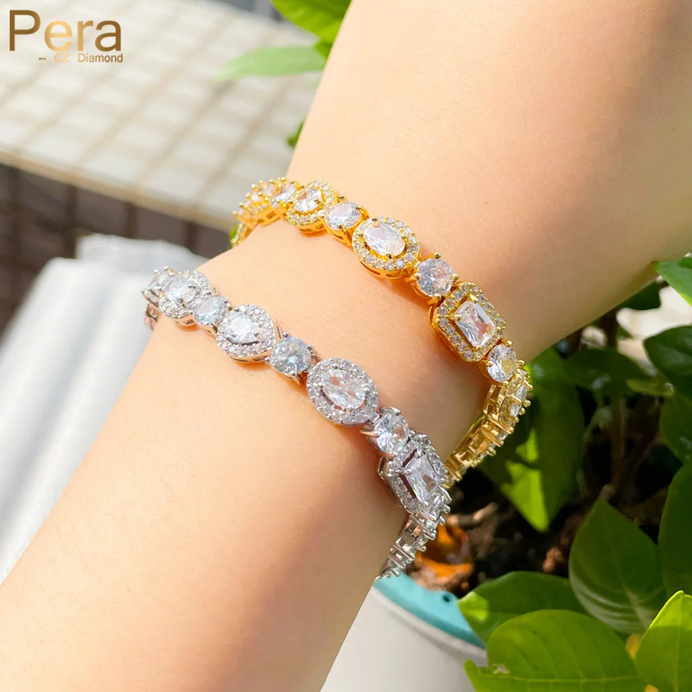 

Pera Exquisite Geometry Shape Link Chain Cubic Zirconia Gold Color Fashion Party Wedding Jewelry Tennis Bracelets for Women B219