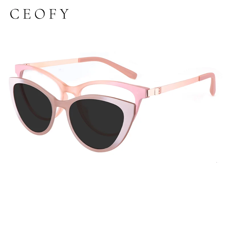 Ceofy Women Cat Eye Optical Glasses Frame Clip On Polarized Sunglasses Magnetism Stylish Brand Design Women Eyglasses CD6817