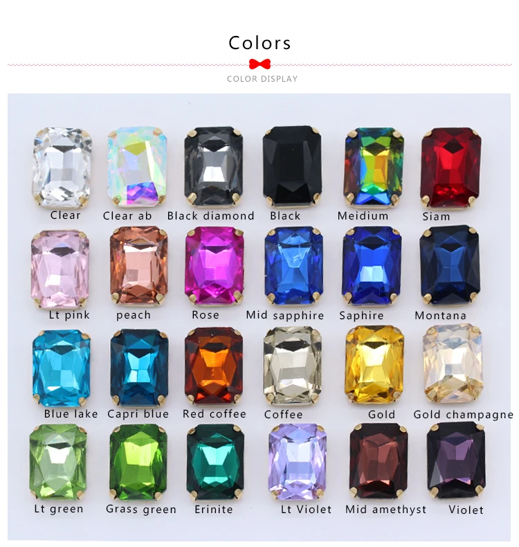 All-size 24-colors Flatback rectangle sew on strass glass Gemstone sewing crystal rhinestone gold claw button for wedding dress