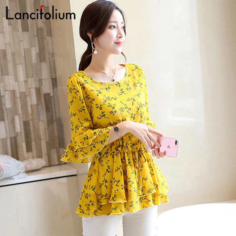 Bunga Chiffon Blus Wanita Musim Panas Korea Ruffle Peplum Top Wanita 2020 Elegan Plus Ukuran Kemeja Kantor Wanita Camisas Feminin