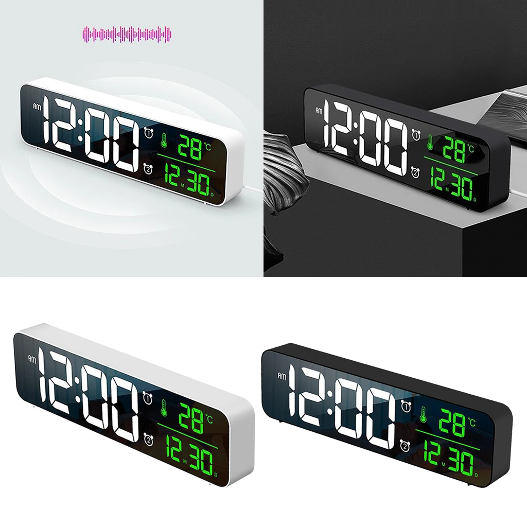 10 Inch Large Screen Digital Alarm Clock Temp Day Calendar AM/PM Mirror Design Wall Clock 40 Music Adjustable Volume Decoration