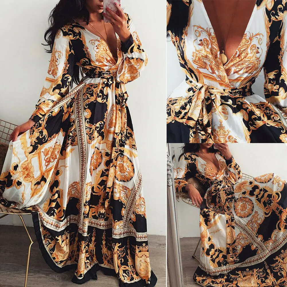 Retro Boho Vintage Jurk Voor Vrouwen Sexy Bloemenprint Lange Feestjurk Vrouwen Sexy V-hals Lange Maxi Jurken Vestidos