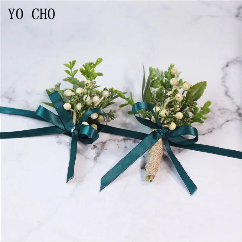 YO CHO Artificial Eucalyptus Plant Leaf Pine Needle Boutonniere Groom Corsages White Green Berries Forest Style Wedding Supplies