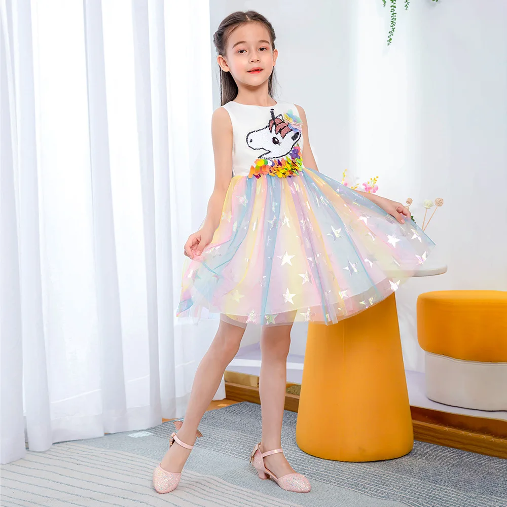 2021 European and American Unicorn Dress Rainbow Mesh Princess  Korean Version of The Girl 