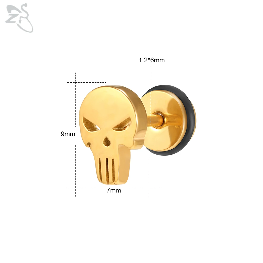 ZS 3 Pairs/lot Skull Stainless Steel Stud Earrings Set For Women Men Round Cubic Zirconia Ear Stud Ear Helix Piercing Earrings