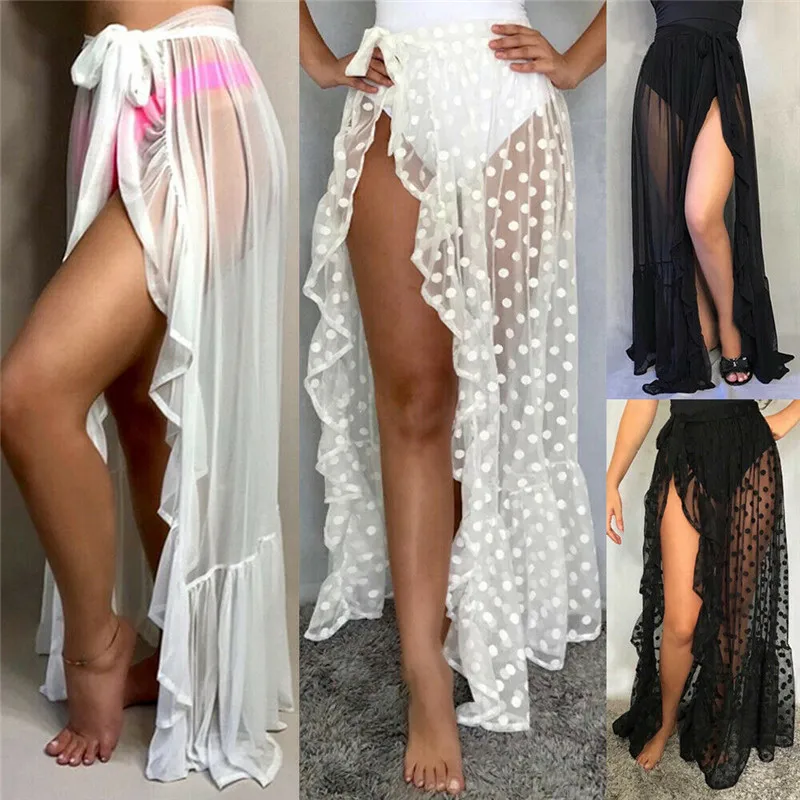 

2020 New Sexy Women Mesh Sheer Beach Bikini Cover Ups Vacation Sunscreen Wrap Skirt RufflesDot High Waist Split Beachwear