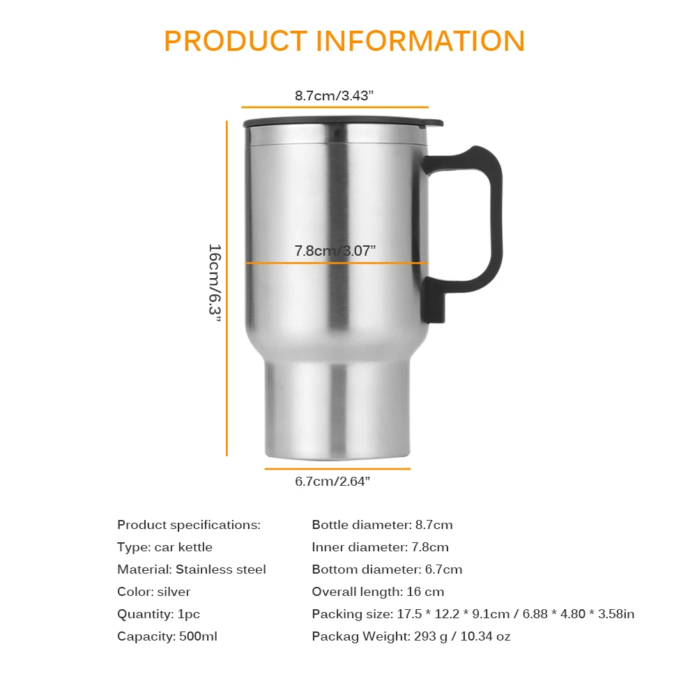 500ml 12/24v copo de aquecimento elétrico chaleira aço inoxidável aquecedor água garrafa para café chá beber viagem caminhão carro chaleira vip