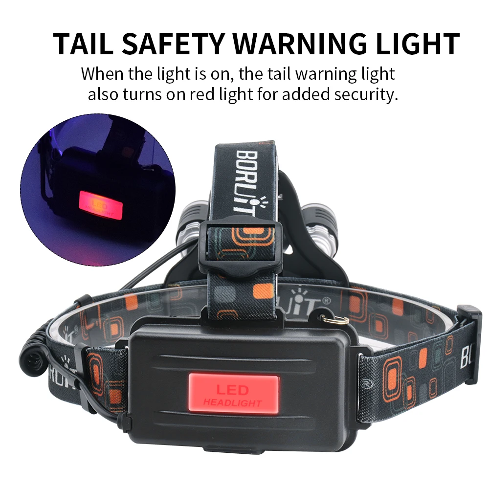 BORUiT RJ-3000 LED Headlamp 3000LM 4-Mode Waterproof Headlight USB Rechargeable 18650 Head Torch for Camping Hunting