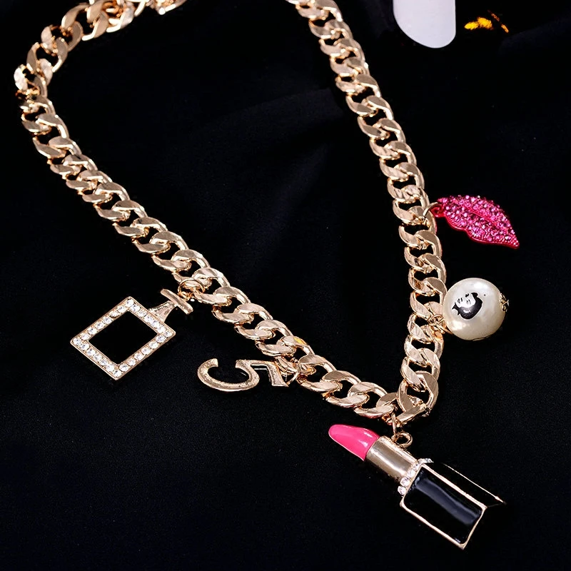 Trendy heavy metal chian choker necklace for women rose crystal kiss party jewelry outlet cheap wholesale