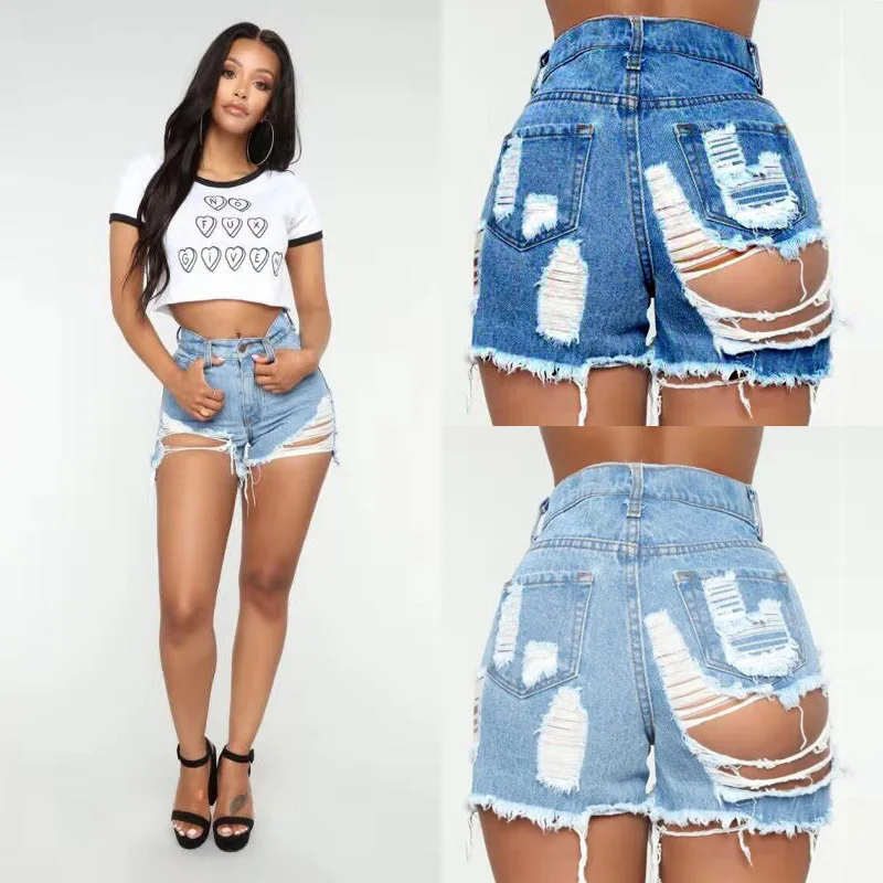 

High-rise Frayed Straight Denim Shorts For Women Sexy Beach Casual Jeans Bar Club Dance Ripped Hole Shorts