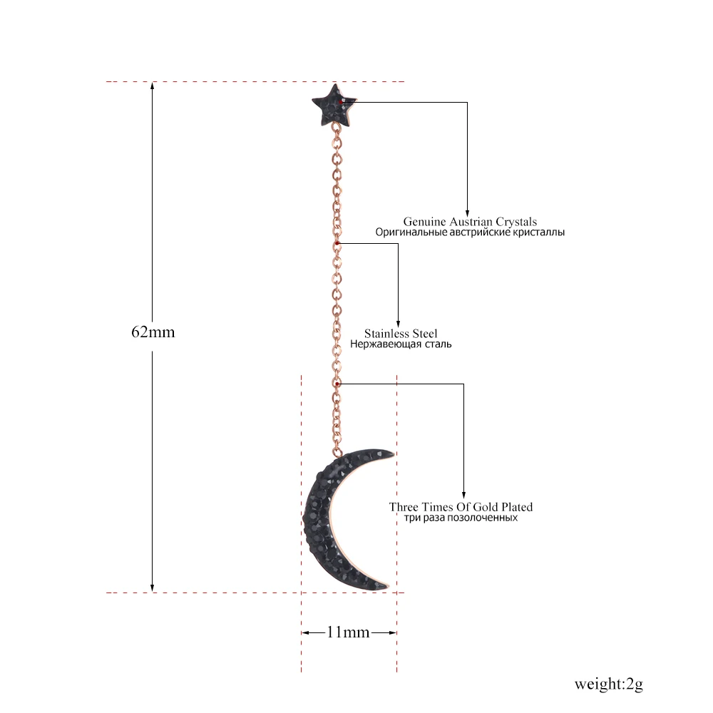 JeeMango Trendy Stainless Steel Star Moon Asymmetry Earrings Black Clay Rhinestone Praty Ear Jewelry For Women JE19167